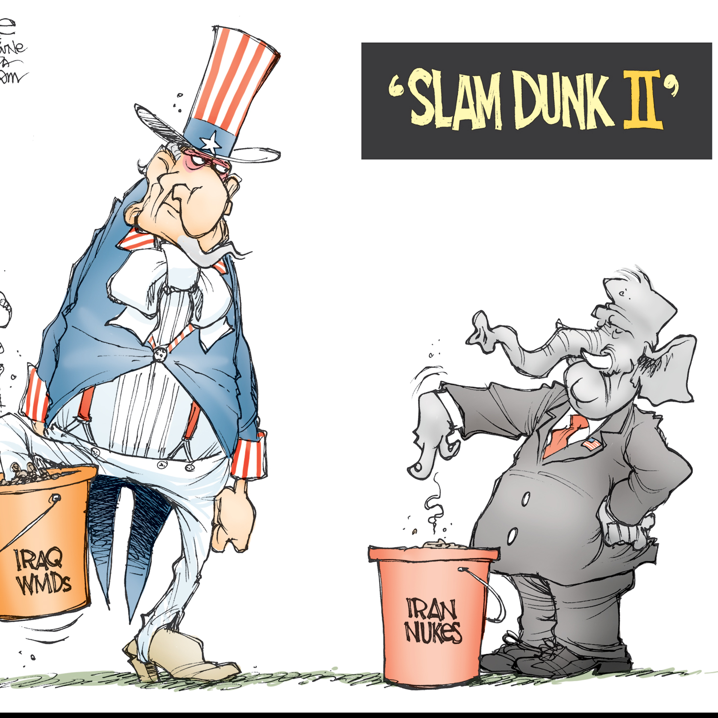 Cartoon of Uncle Sam holding a bucket labeled Iraq WMDs looking at an elephant pointing to a bucket labeled Iran Nukes