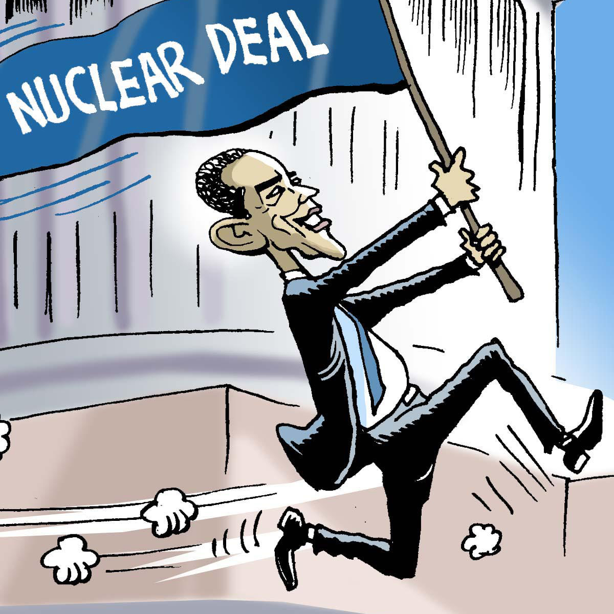 Cartoon of Barack Obama running and holding a flag that says 