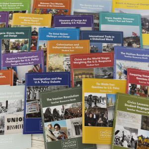 Colorful curriculum units from the Choices Program's Complete Series arranged on a table.