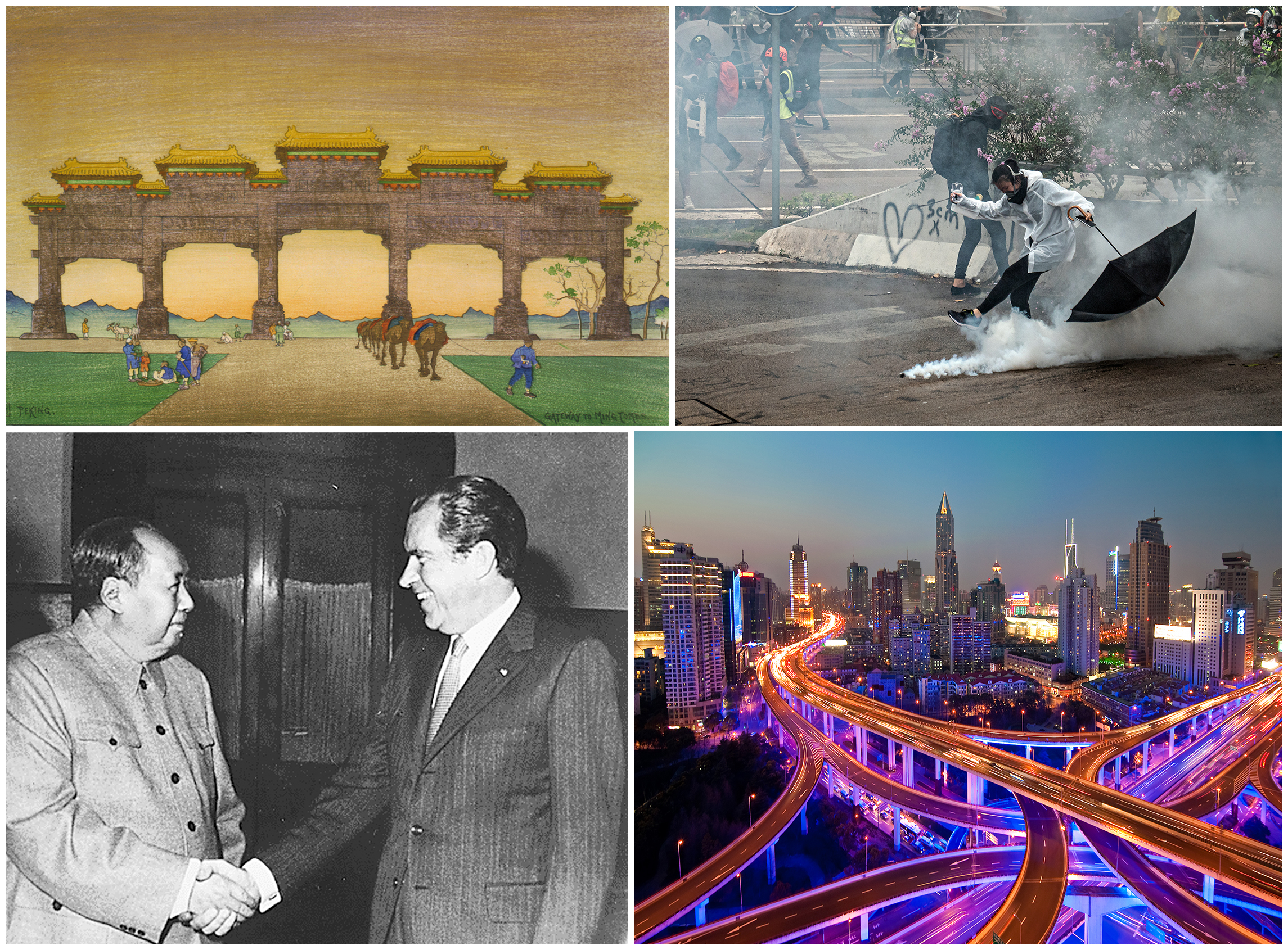 Collage of an illustration of ancient arches, a protestor kicking a tear gas bottle, Richard Nixon meeting Mao Zedong, and Shanghai