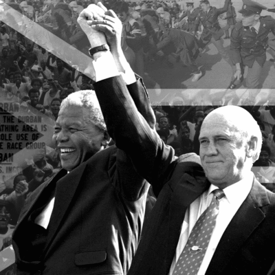 Collage of Nelson Mandela and his V.P; and scenes of protest and police brutality