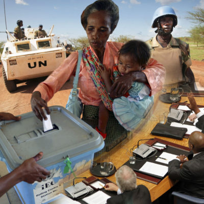 Collage of a women voting while holding a child, UN representatives voting, and UN peacekeepers
