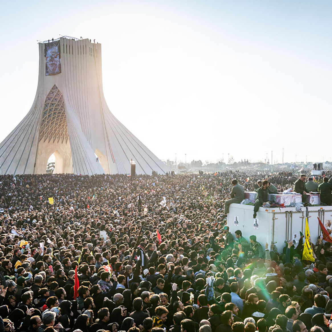 Funeral of Qasem Soleimani. A huge crowd of people gathered in front of the Azadi Tower in Tehran, Iran