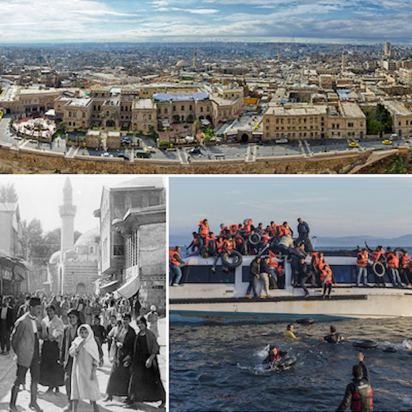 Collage of Aleppo, Syria, people standing in front of a mosque in Damascus, and refugees on a boat in the Mediterranean Sea.