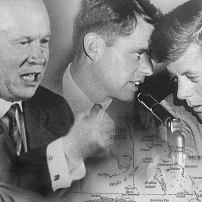 Collage of Nikita Khrushchev, Robert and Jack Kennedy and a map of Cuba