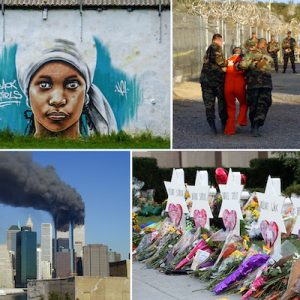 Collage of graffiti art of a woman, two soldiers physically escorting a prisoner, the twin towers burning, and flowers on a memorial of victims of a shooting
