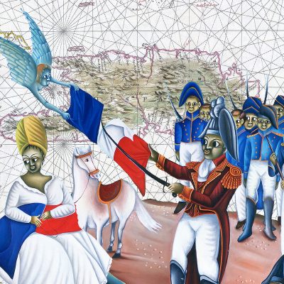 Map of Hispaniola and illustrations of Haitian soldiers and an angel and Toussaint Louverture ripping apart the French flag.