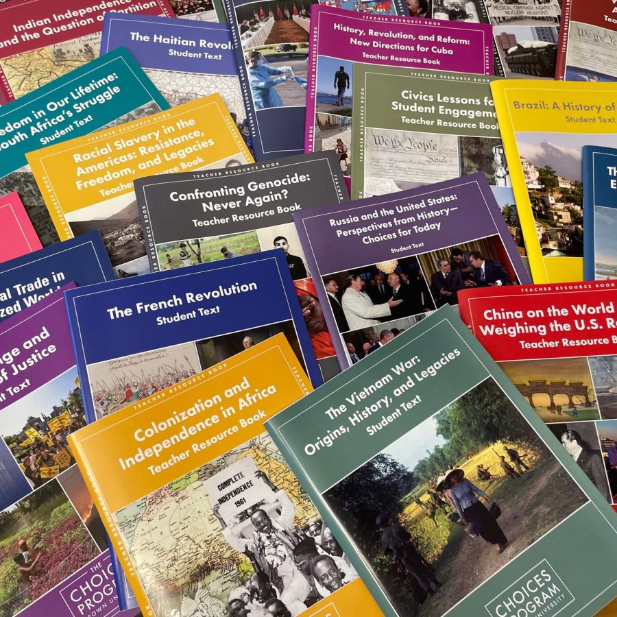 Image of more than a dozen Choices curriculum units with brightly colored covers